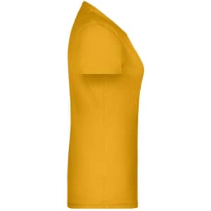 A yellow women's T-shirt with short sleeves and a fitted design, featuring a logo on the side.