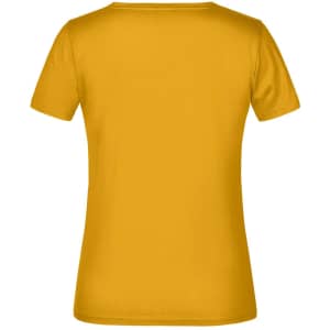 A short-sleeved yellow T-shirt featuring a plain back and a branding logo.