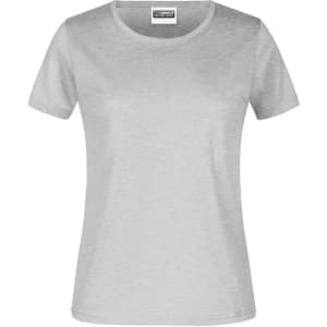 A grey women's T-shirt with a round neckline and short sleeves, featuring a logo.