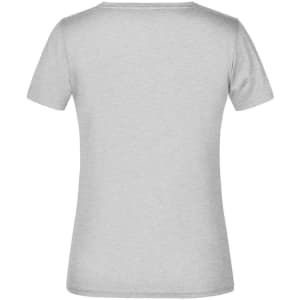 A grey women's t-shirt with short sleeves and a round neck, featuring a logo on the back.