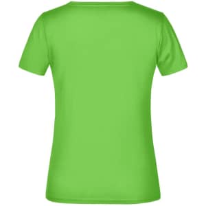A bright green women's t-shirt with a crew neck and short sleeves, featuring a logo on the back.