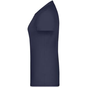 A navy blue women's t-shirt with a short sleeve and fitted design, featuring a logo on the side.