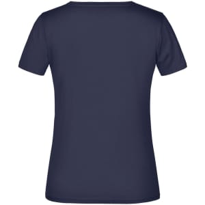 A navy blue women's t-shirt with a smooth finish and short sleeves, featuring a logo on the back.