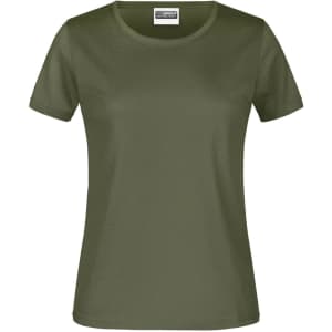 A short-sleeved, fitted T-shirt in olive green with a round neckline and a logo on the label.