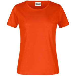 An orange T-shirt with short sleeves and a round neckline, featuring a logo.
