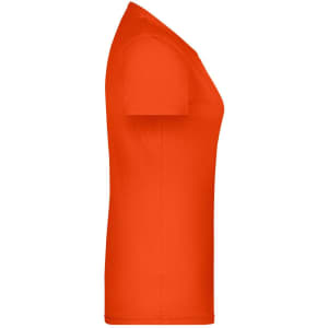 An orange T-shirt featuring a fitted design and short sleeves, with a logo on the side.