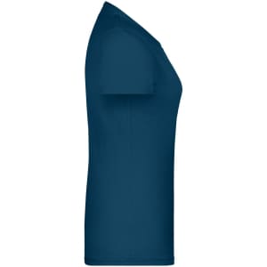 A side view of a fitted women's T-shirt in a deep navy blue, featuring a simple design and a logo.