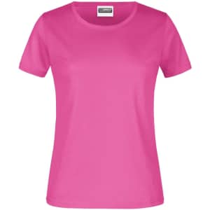 A pink short sleeve women's T-shirt featuring a round neckline and a logo.