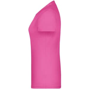 A pink T-shirt displayed from the side, featuring short sleeves and a fitted design. It has a logo on it.
