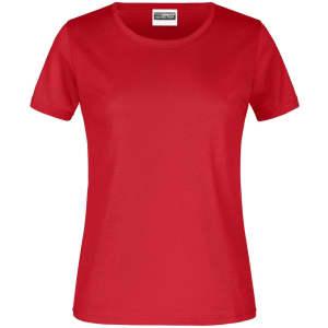A red women's t-shirt with short sleeves and a round neckline, featuring a logo on the label.