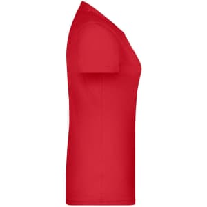 A red T-shirt with short sleeves, featuring a fitted design and a logo.