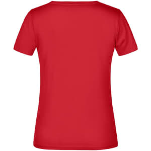 A red women's t-shirt with a round neck and short sleeves. The back view is displayed, featuring a logo.