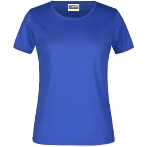 A blue short-sleeved women's t-shirt with a round neckline and a logo on the label.