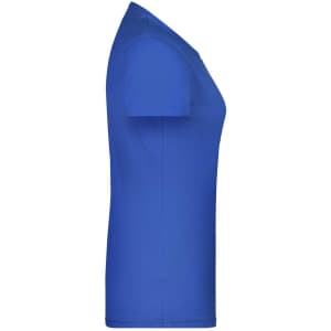 A blue T-shirt with a fitted design, showcasing a side view. It features a logo on the fabric.
