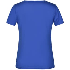 A blue T-shirt featuring a short sleeve design and a back view. It has a logo or branding detail.