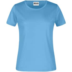 A light blue women's t-shirt with a round neck and short sleeves, featuring a logo.