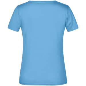 A light blue, short-sleeved T-shirt with a plain back and a logo featured on it.