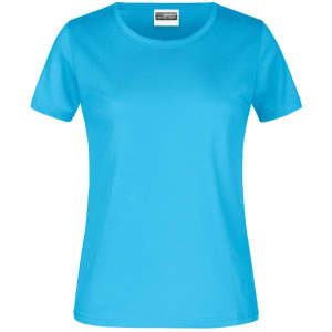 A light blue women's t-shirt with a round neckline and short sleeves, featuring a logo on the tag.