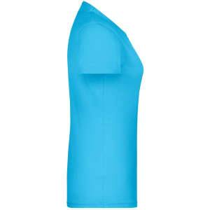 A turquoise women's t-shirt with a classic fit, featuring short sleeves and a round neckline.