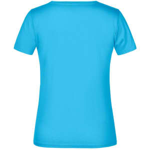 A bright blue women's t-shirt with short sleeves and a plain back, featuring a logo.