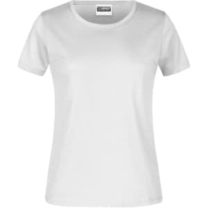 A white women's t-shirt with a round neckline and short sleeves. It features a logo on the label.