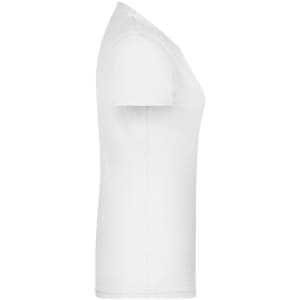 A white women's t-shirt with a fitted design, featuring short sleeves and a round neckline. It has a logo.