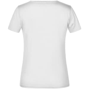 A plain white T-shirt with a crew neck and short sleeves, featuring a logo on the back.