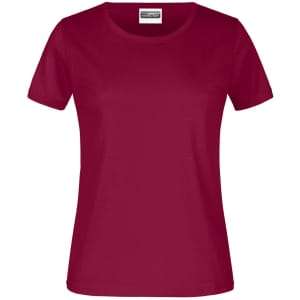 A maroon women's t-shirt with short sleeves and a round neckline, featuring a brand logo.