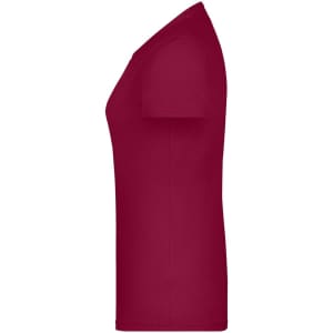 A maroon women's T-shirt with a fitted silhouette featuring short sleeves and a round neckline.