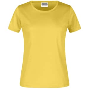 A yellow women's T-shirt with short sleeves and a round neckline, featuring a logo.