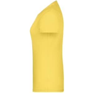 A yellow T-shirt with a fitted design, displayed from the side, featuring a branding logo.