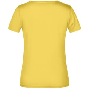 A yellow women's T-shirt with short sleeves and a round neckline, featuring a brand logo.