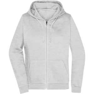 A grey zip-up hoodie with a hood and front pockets, featuring a logo. Suitable for women's wear.