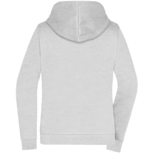 A grey ladies' zip hoodie with a hood and long sleeves, featuring a logo on the back.