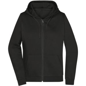 A black zip-up hoodie with a hood and front pockets, featuring a logo.