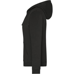 A black zip hoodie for ladies with a front pocket and a hood. It features a logo on the garment.