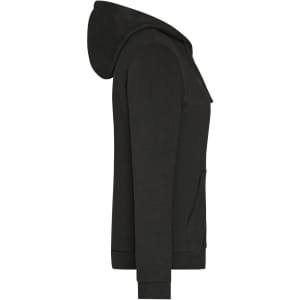 A black zip hoodie with a hood and side pockets, featuring a logo on the front.