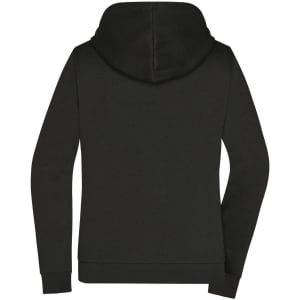 A black ladies zip hoodie featuring a hood and long sleeves, with a discreet logo on the back.