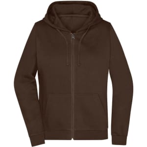 A brown zip hoodie with a hood and front pockets, featuring a logo on the chest.