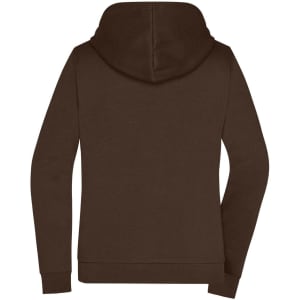 A brown ladies' zip hoodie featuring a hood and long sleeves, with a logo on the back.