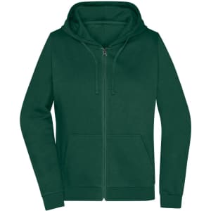 A dark green zip hoodie for ladies featuring a front pocket and a hood. It has a simple design with a logo.