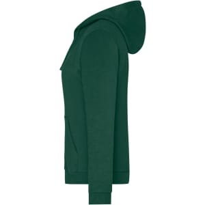 A green ladies' zip hoodie with a kangaroo pocket and a hood, featuring a logo on the front.