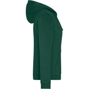 A green ladies zip hoodie featuring a hood and front pockets, with a branded logo.