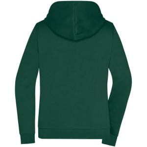 A green ladies' zip hoodie featuring a hood and long sleeves, with a logo on the back.