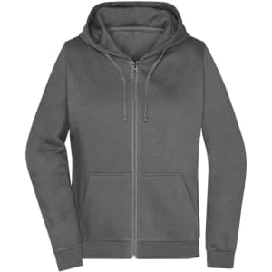 A grey zip hoodie featuring a front zipper, hood, and kangaroo pockets. It has a logo on the chest.
