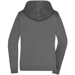 A grey ladies zip hoodie featuring a back view with a hood and a logo. Ideal for casual wear.