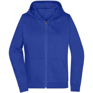 A blue zip-up hoodie featuring a front pocket and a hood. It includes a logo on the garment.