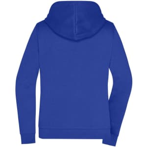 A blue zip hoodie featuring a hood and long sleeves, with a logo on the back.
