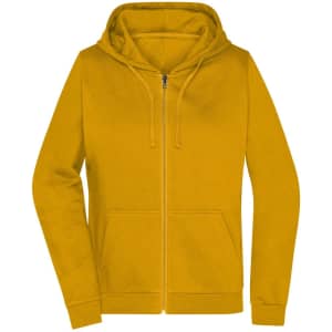 A mustard yellow ladies zip hoodie with a front pocket and a hood, featuring a branding logo.
