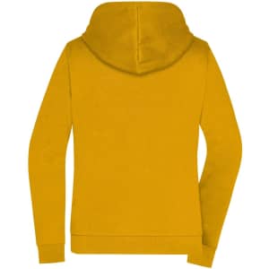 A yellow ladies zip hoodie with a hood and long sleeves, featuring a plain back and no visible logos.